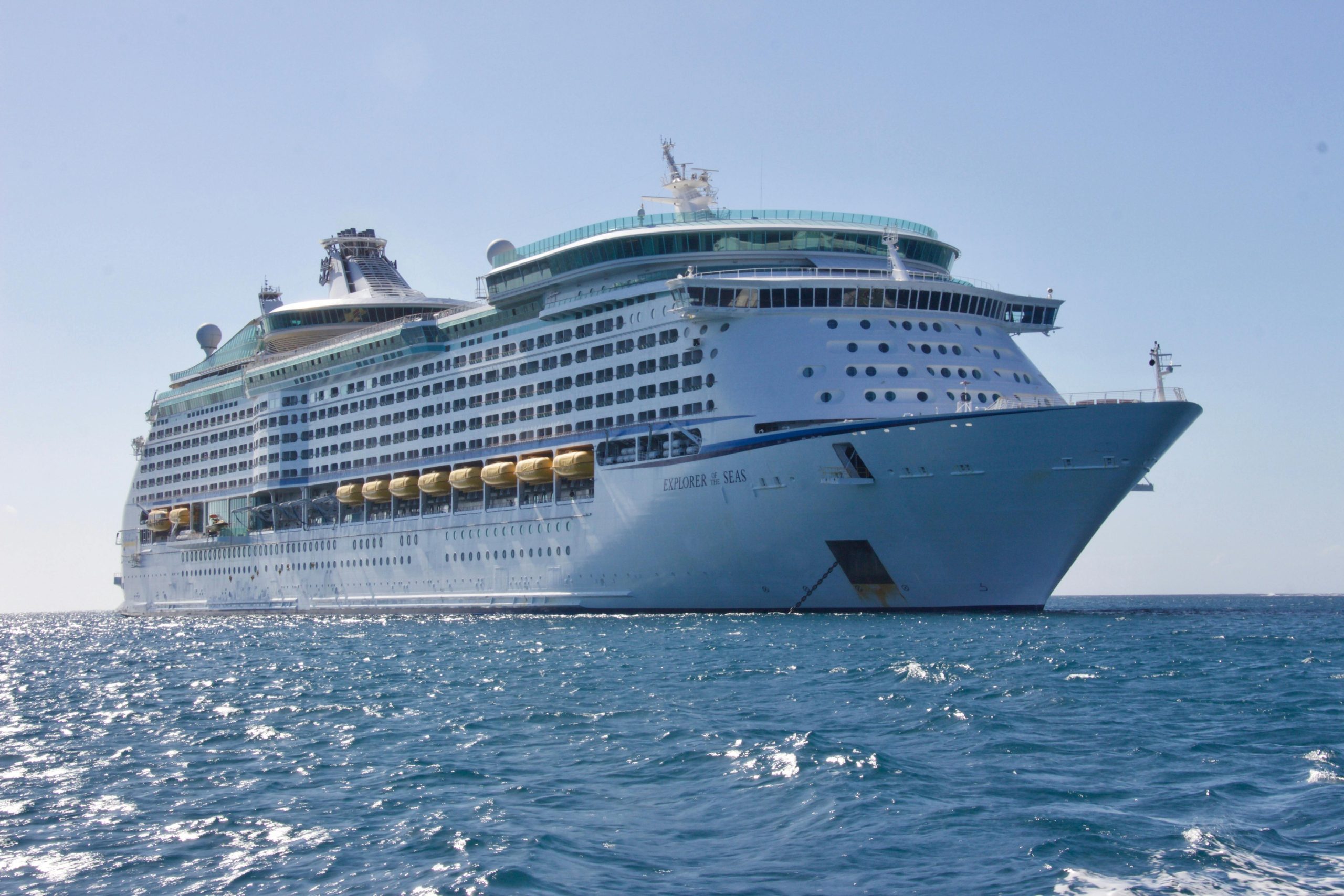 Services A luxurious cruise ship sailing on the ocean under a clear blue sky, ideal for travel and leisure.
